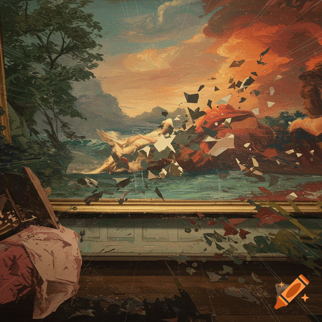 Classical painting shattering within a room