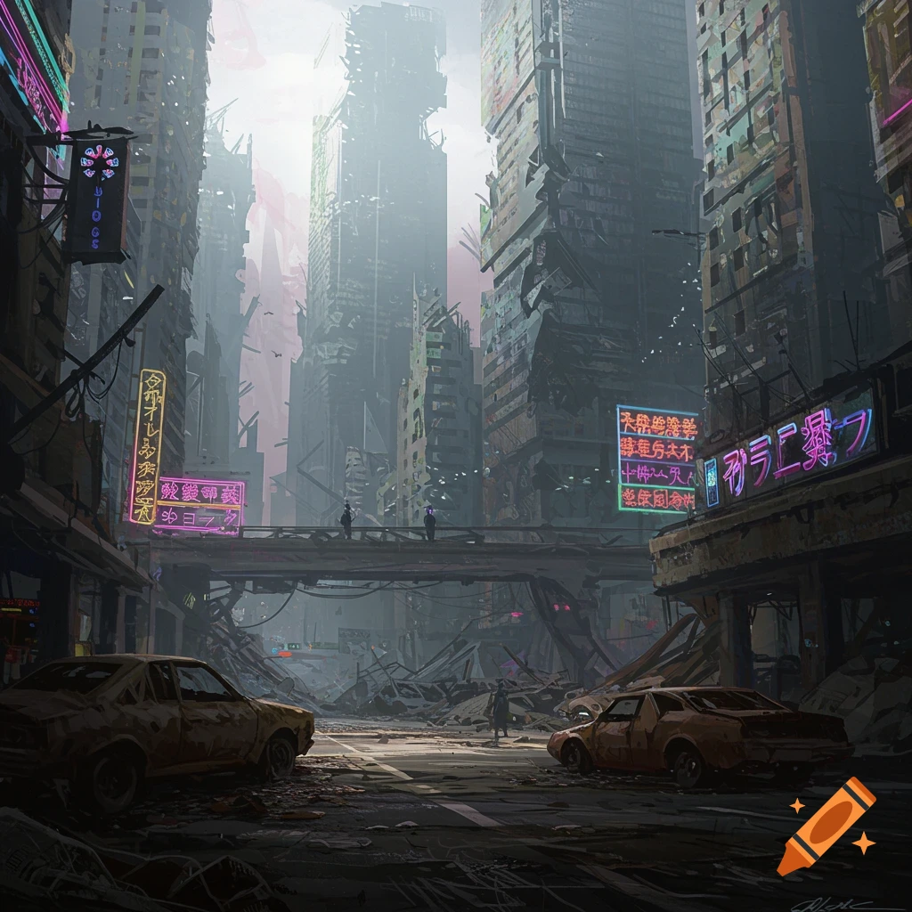 A ruined city street with broken skyscrapers, debris, abandoned cars, and neon signs under a cloudy sky.
