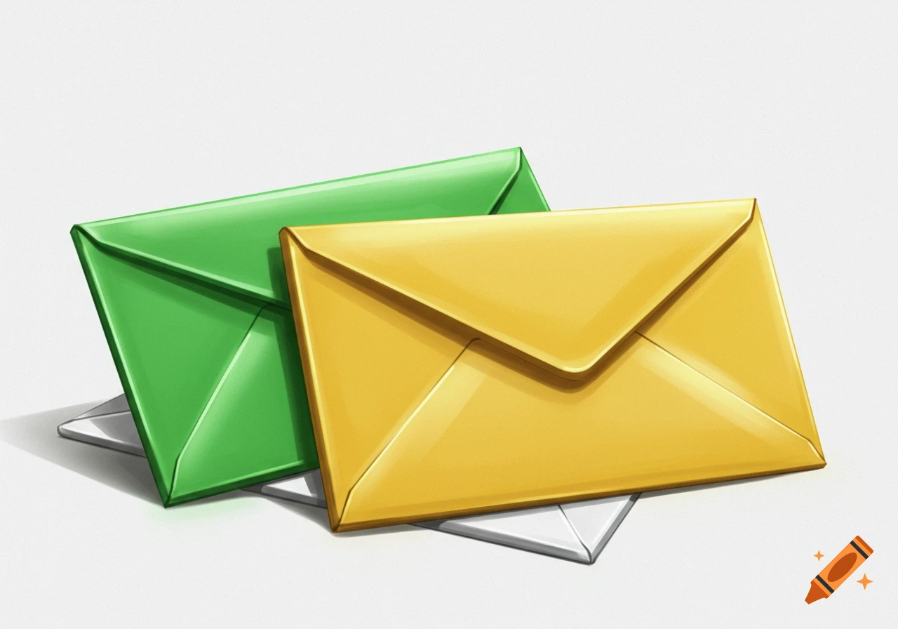 Green and yellow envelopes stacked on a white surface.