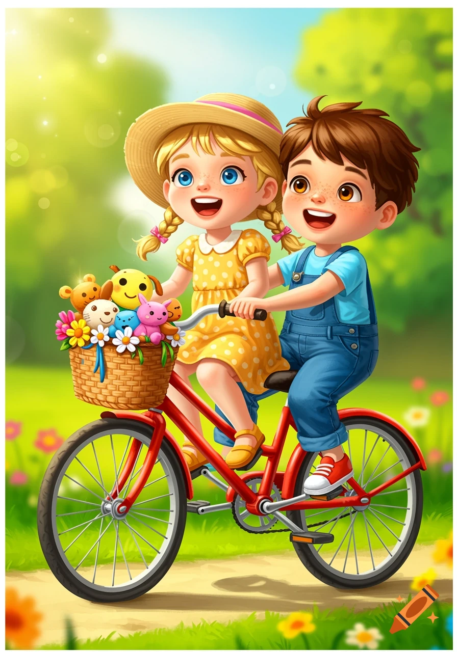 Cartoon children ride a bicycle with a basket of toys in a sunny park.