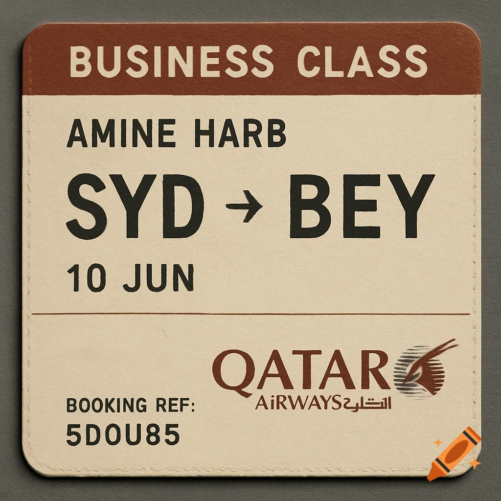 A business class flight ticket for Amine Harb from SYD to BEY on 10 JUN with Qatar Airways.