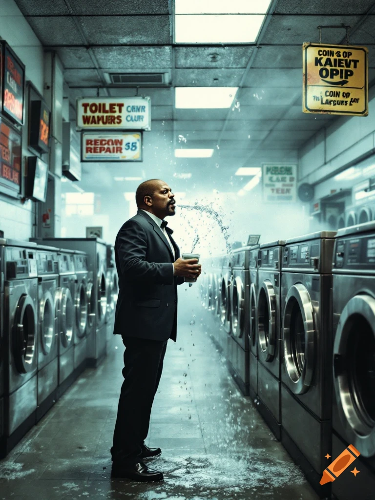 A man in a suit spits water in a dim laundry room with rows of machines.