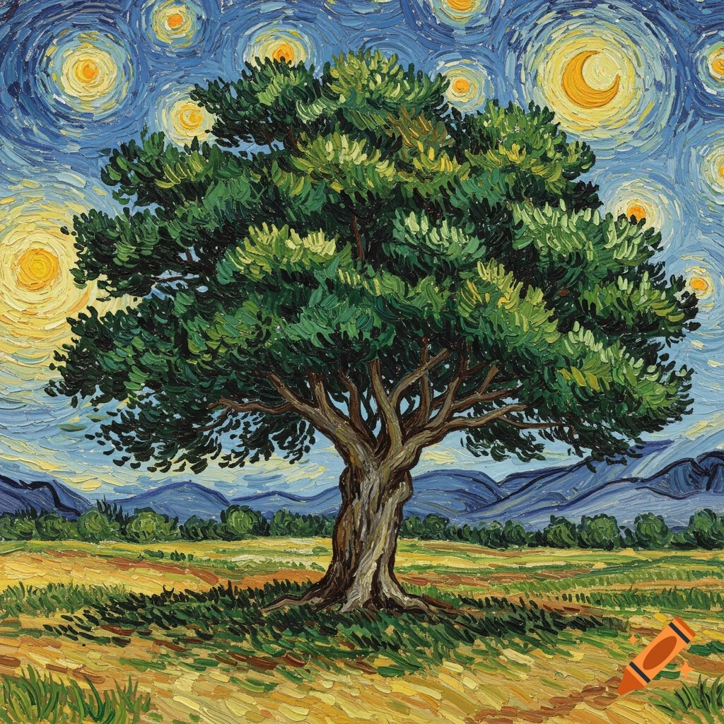 Painting of a large tree in a field against a starry sky in the style of Van Gogh.