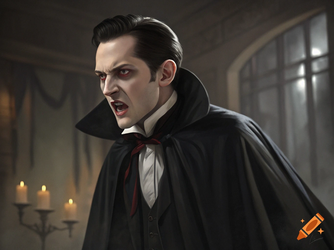 A man dressed as a vampire with red eyes and bared teeth.