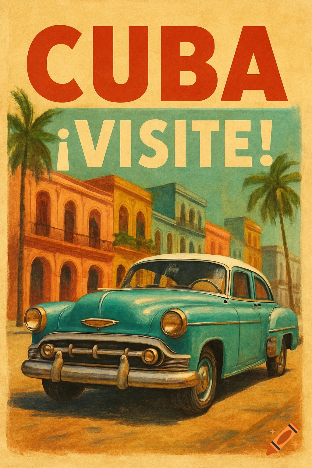 Vintage style travel poster for Cuba featuring a classic car in front of buildings and palm trees.