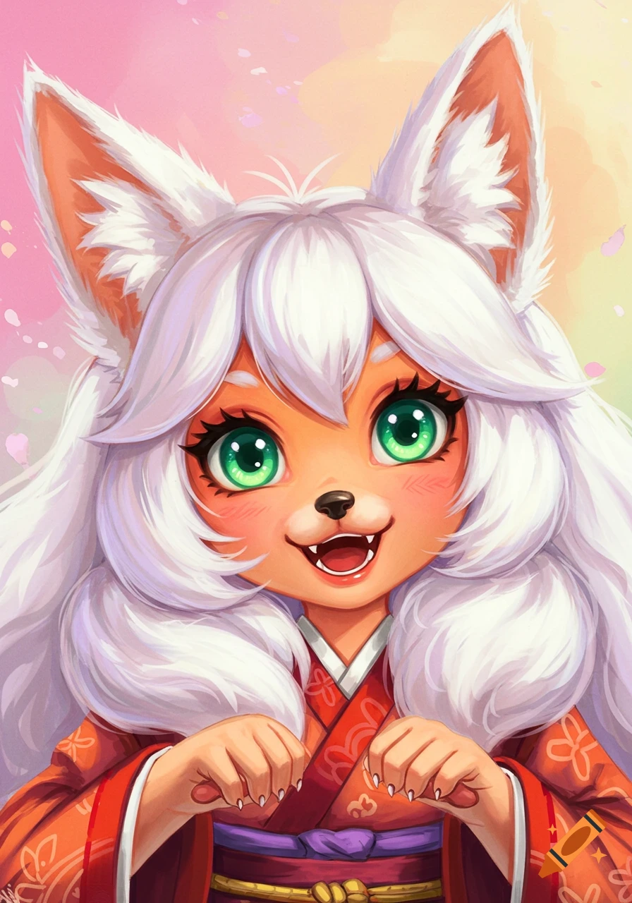 A cute anime kitsune girl with green eyes and white hair wearing a red and orange kimono.