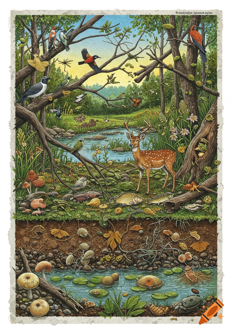 Detailed illustration of a forest ecosystem with animals, plants, a river cross-section, and underground life.
