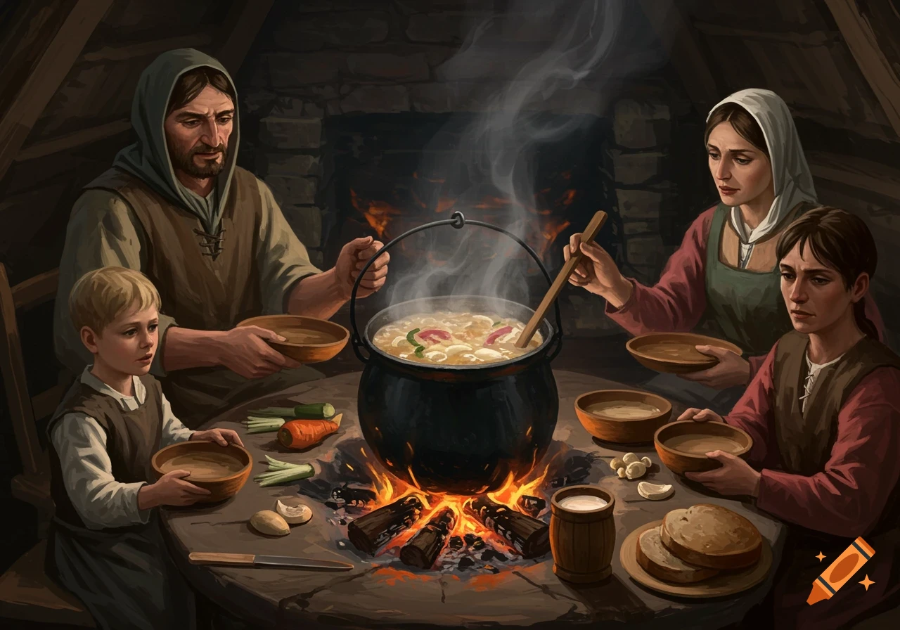 A family in historical clothing cooks and eats stew from a pot over a fire.