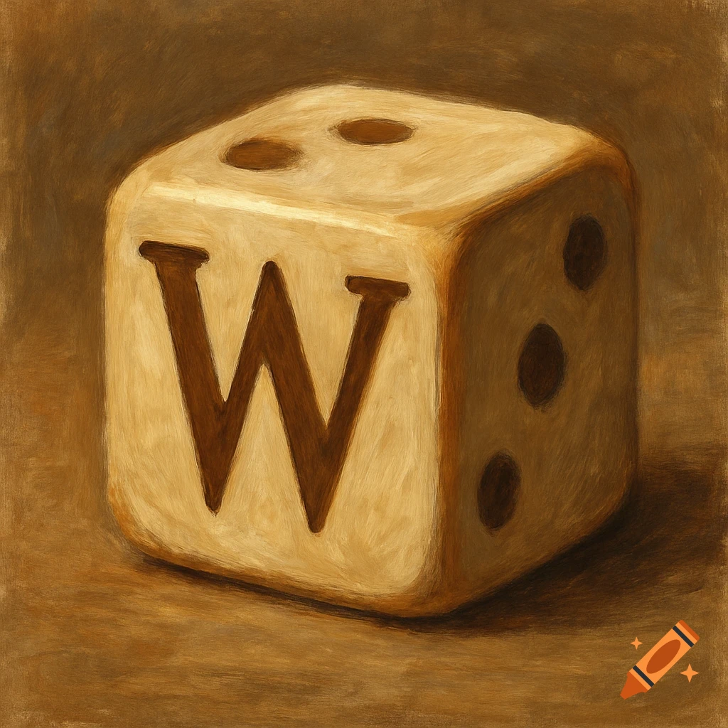 A close-up painting of a wooden die showing the letter W on one face and dots on another.
