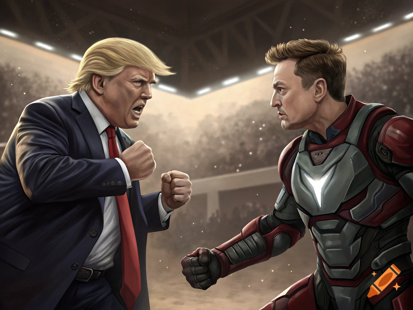 Stylized illustration of Donald Trump and Elon Musk facing each other in a fighting pose in a stadium.