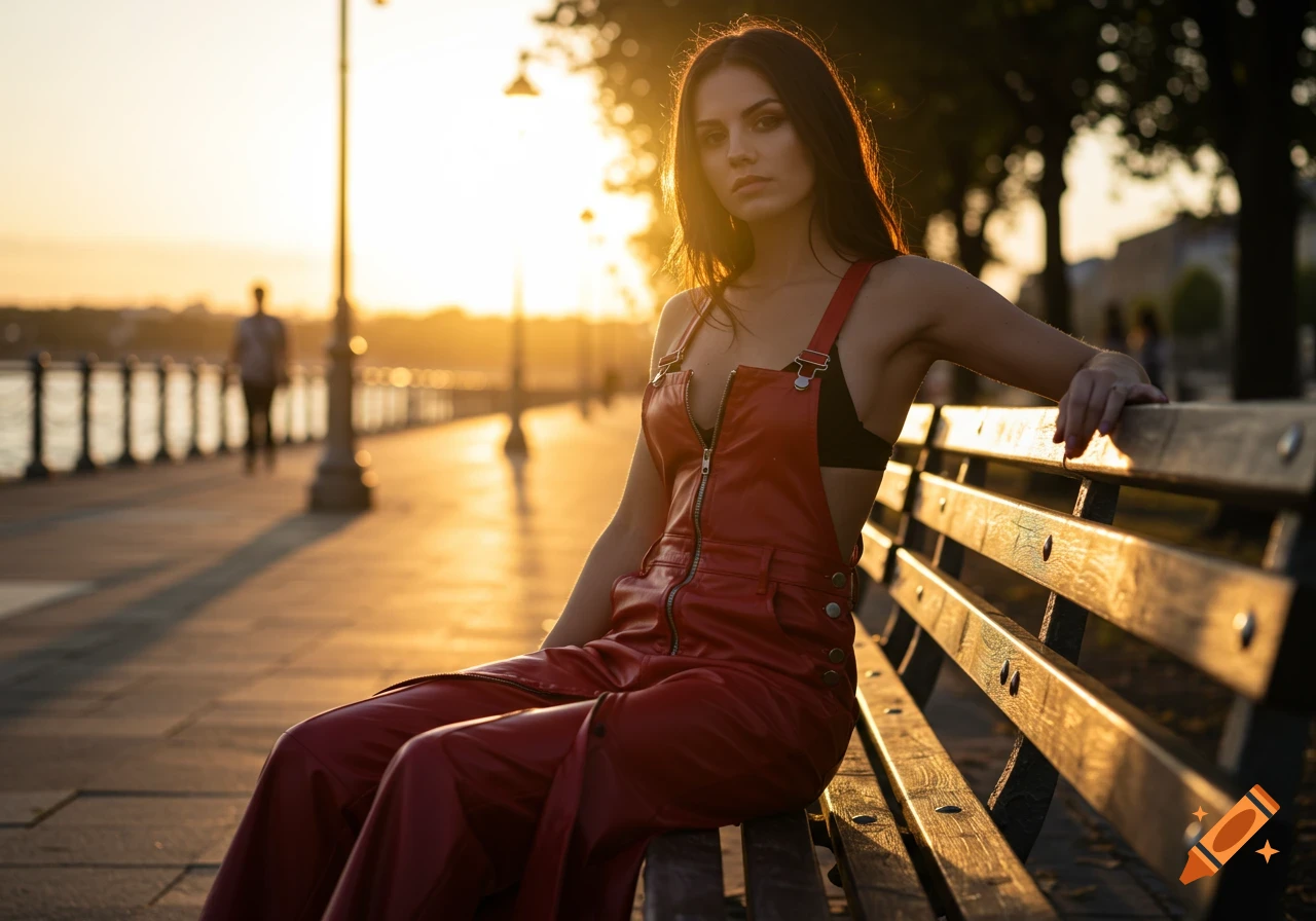 Woman in red leather overalls and black bra sits on a bench at sunset.