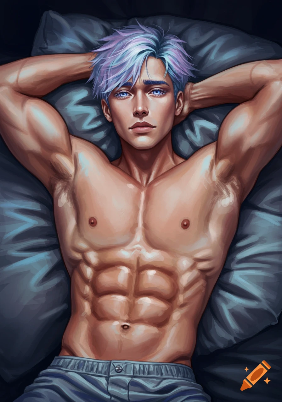 Digital painting of a muscular man with pastel blue hair and blue eyes, lying shirtless on pillows.