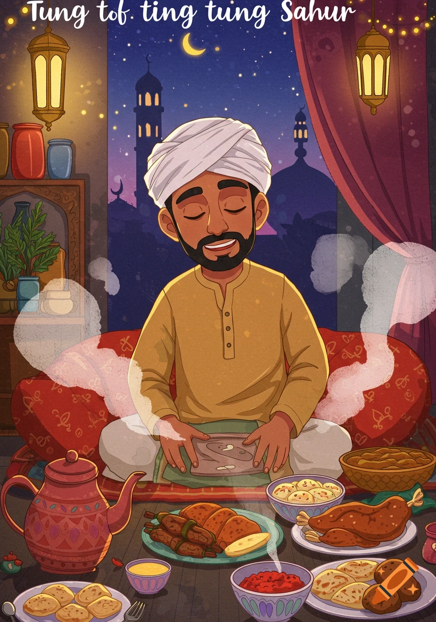 Illustration of a man in a turban smiling while sitting before a large Sahur meal at night, with mosques visible in the background.