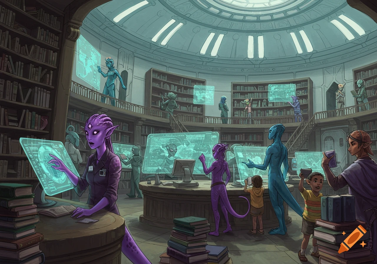 Aliens and a child inside a large, multi-level futuristic library with holographic screens.