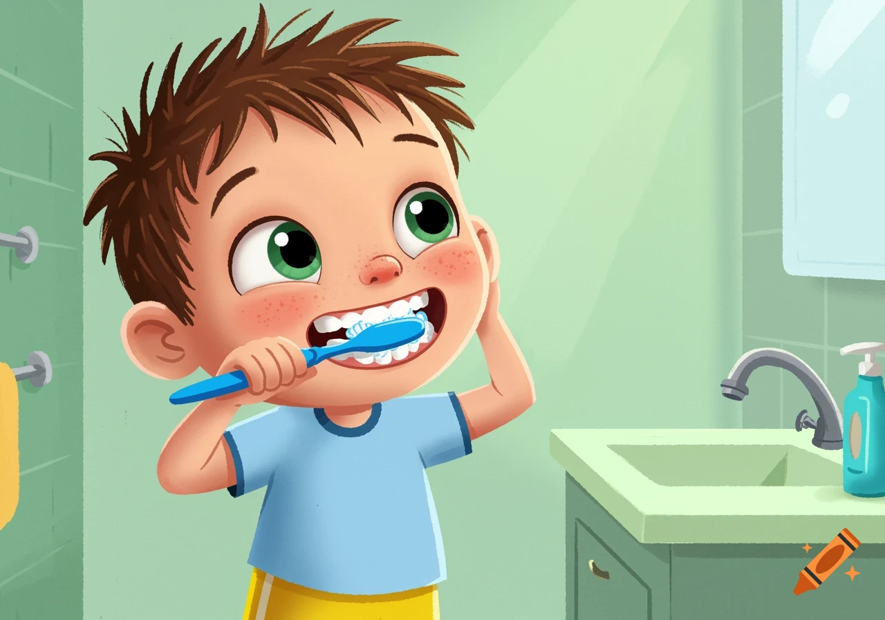Cartoon boy brushing his teeth in a bathroom
