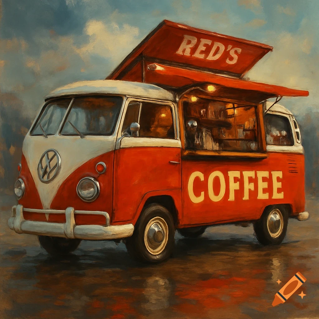 A red and white Volkswagen bus coffee truck with 'Red's' and 'Coffee' signage, in a painterly style.