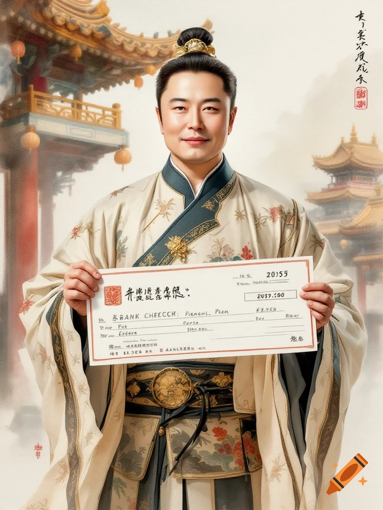 Man in traditional Chinese Hanfu attire holding a large bank check, with traditional architecture in the background, in a watercolor painting style.