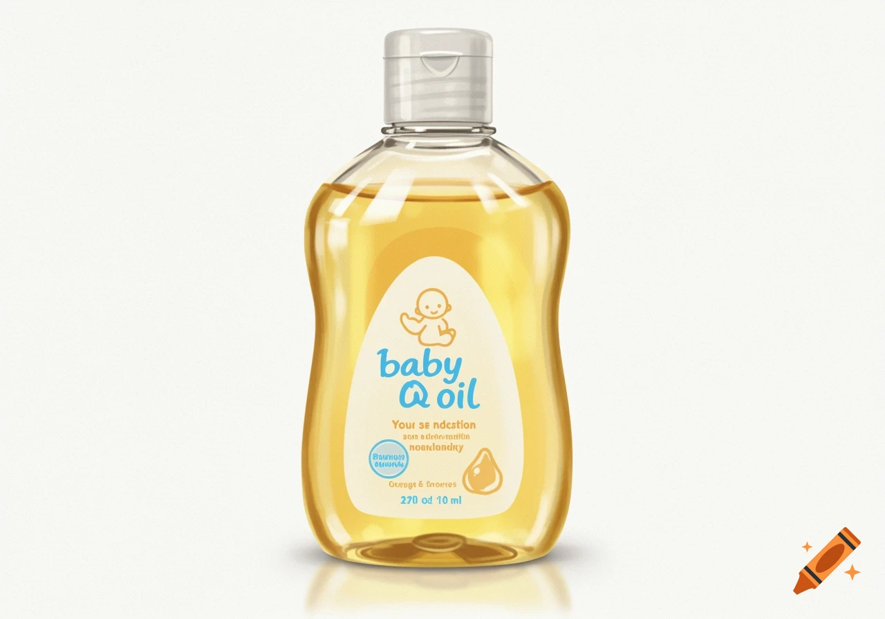 A clear bottle of baby oil with a label featuring a baby logo and text.