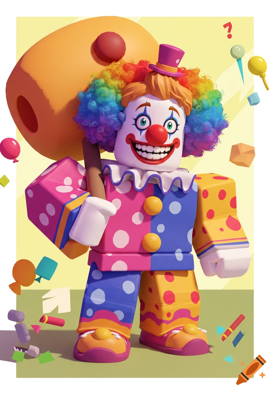 Roblox-style cartoon clown in colorful outfit holds a large mallet with ...