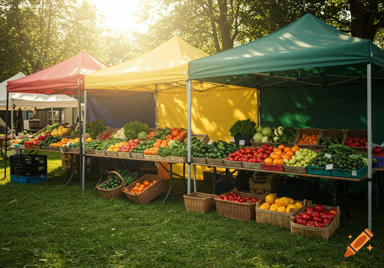 A farmers market with colorful tents, tables piled high with fresh vegetables and fruits in crates and baskets.