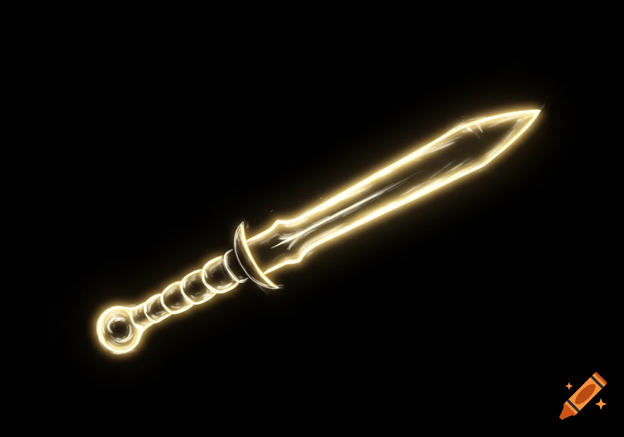A glowing golden sword on a black background.
