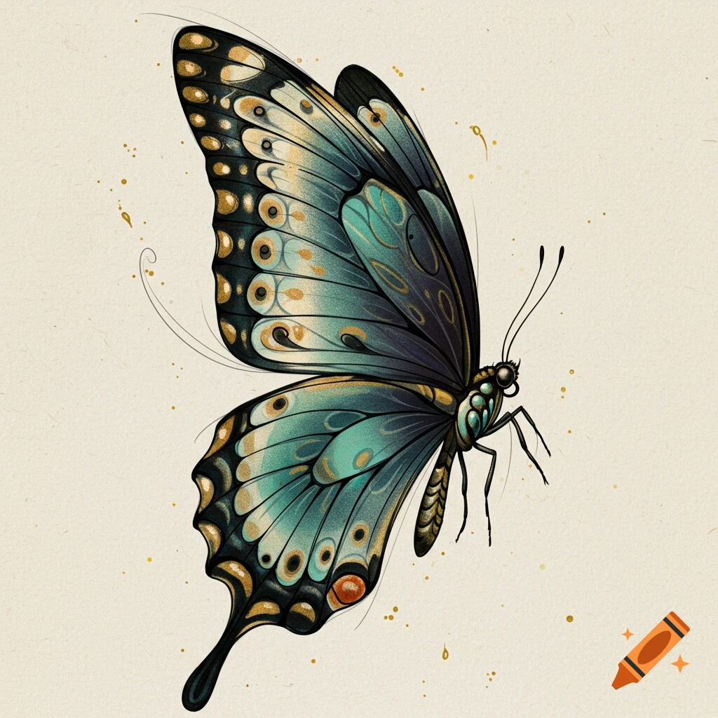 Drawing of a butterfly in a tattoo style with gold accents