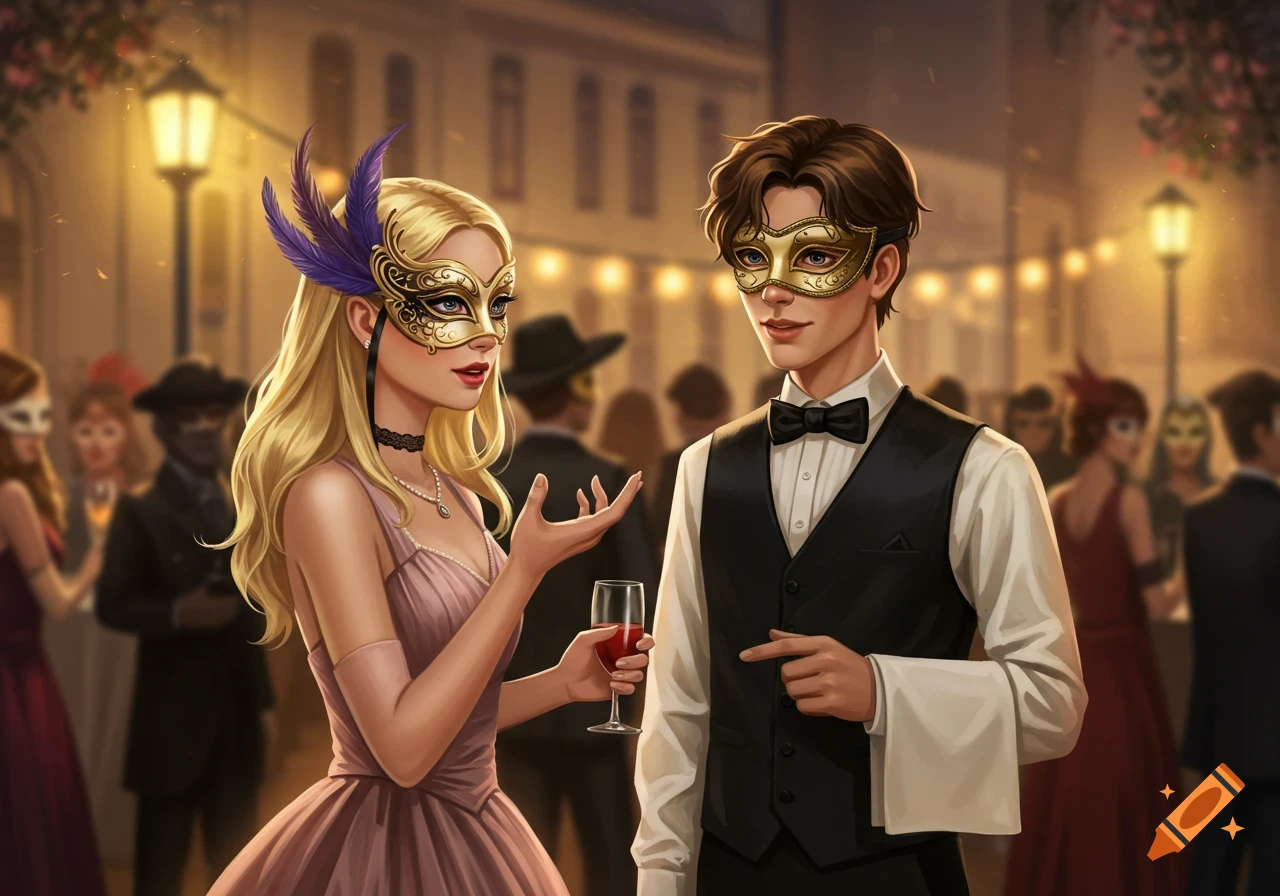 A couple in golden masks talking at a masquerade party with others in the background.