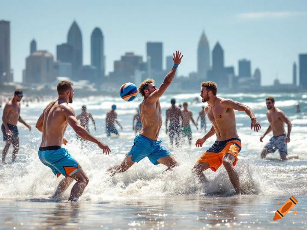 Men play beach volleyball on a sunny beach with a city skyline in the background.