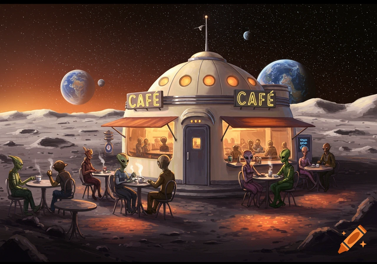 Illustration of aliens sitting at outdoor tables outside a cafe on the moon, with Earth visible.