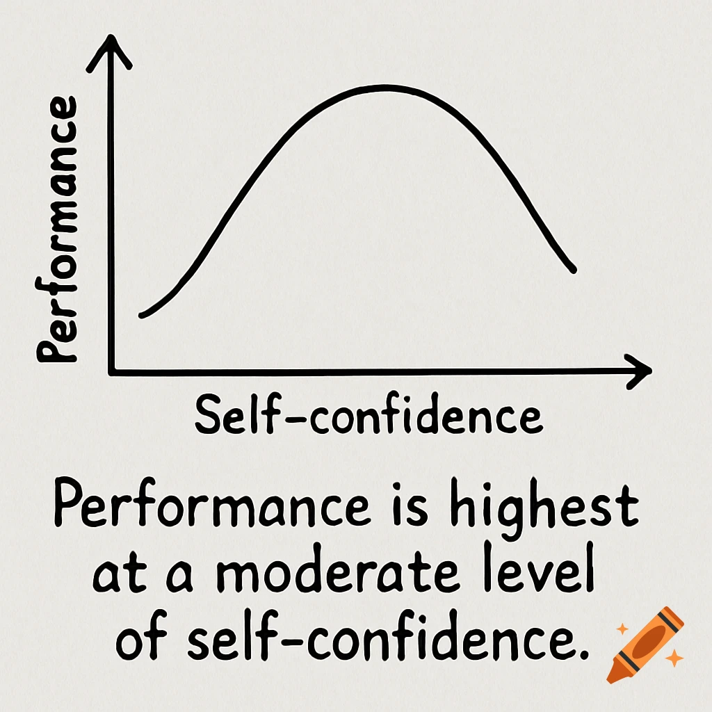 Hand-drawn graph showing performance vs self-confidence with a curve peaking in the middle and text explanation.