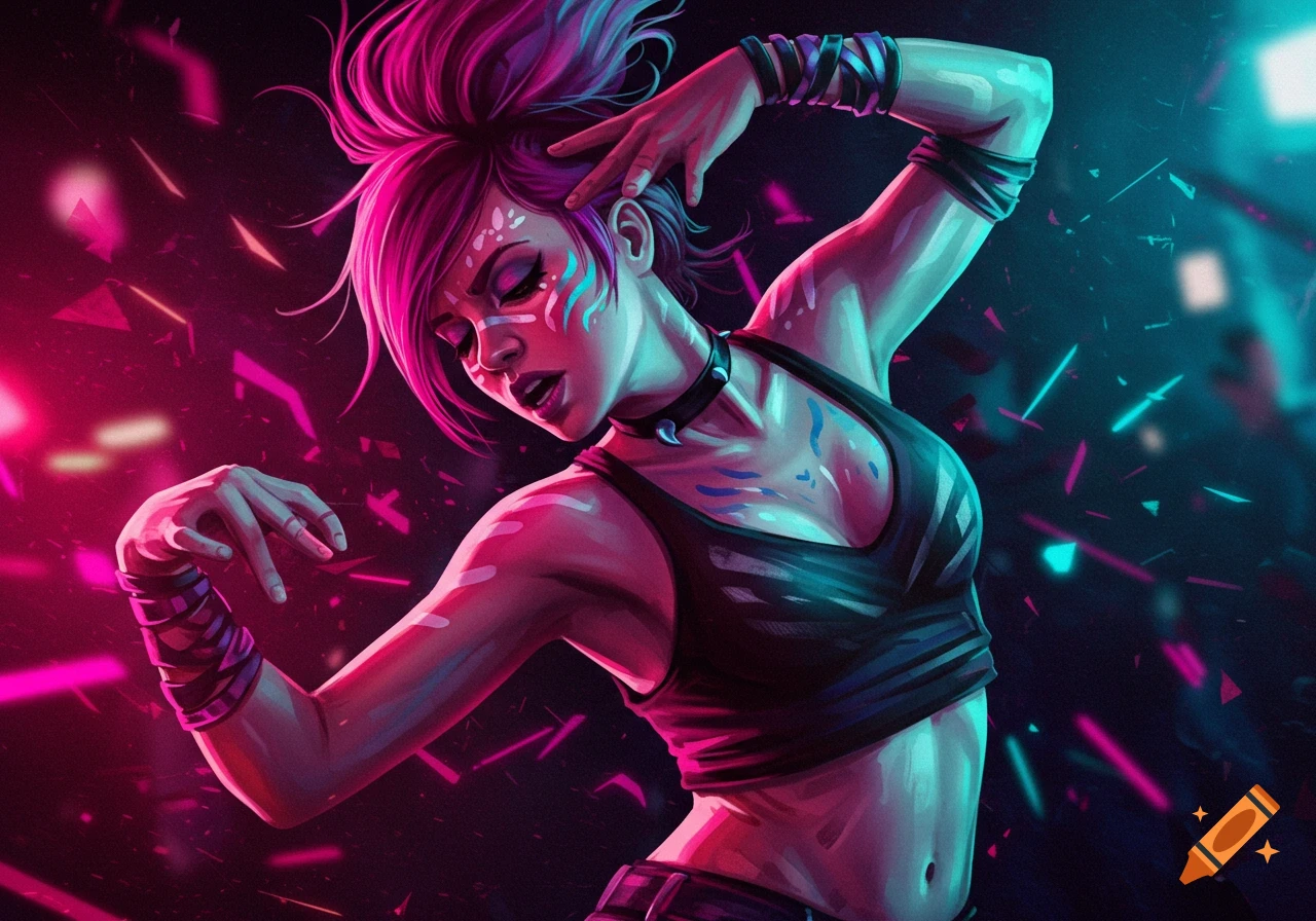 Woman dancing under neon lights with pink hair and face paint, in a dynamic pose.