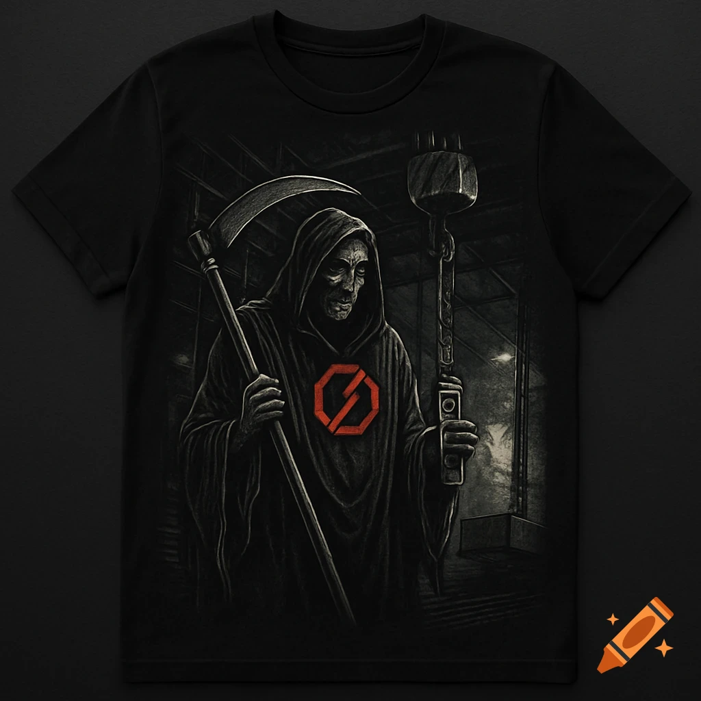 Dark art t-shirt design of the Grim Reaper in an industrial setting, holding a scythe and crane control.