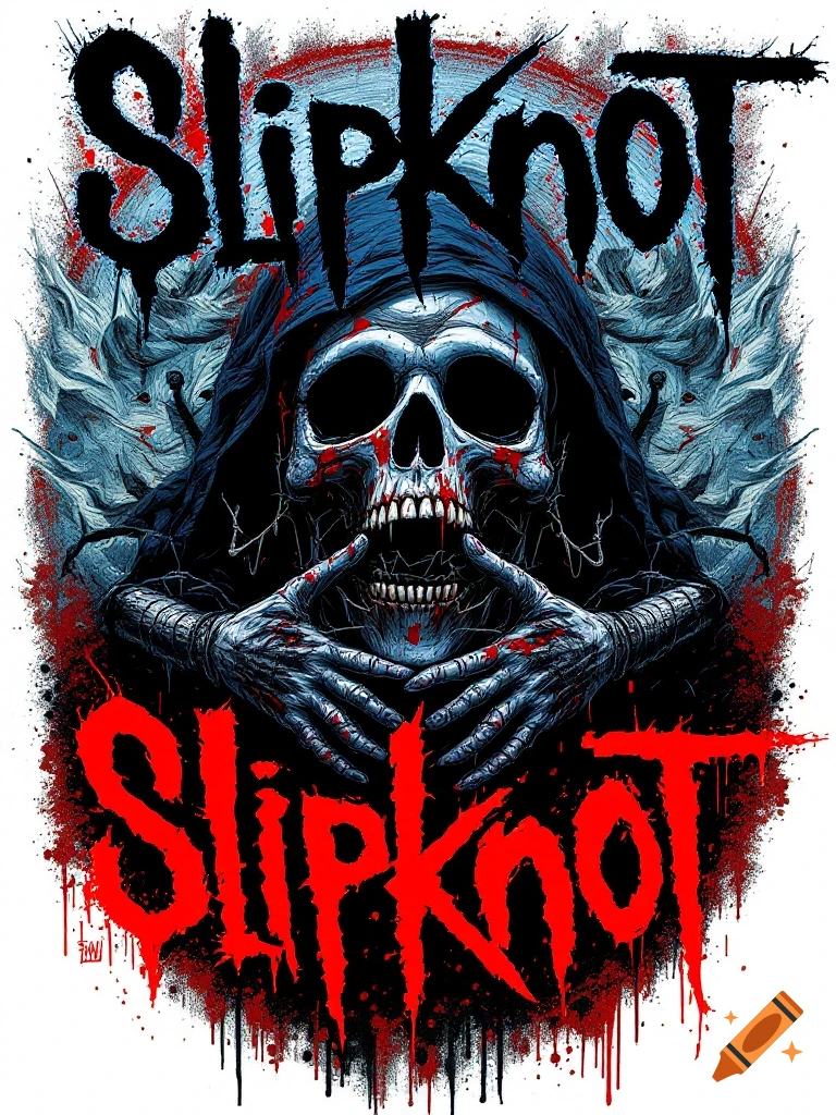 A grim reaper skull figure with dripping blood splatter and the text 'Slipknot' above and below, in a heavy metal art style.
