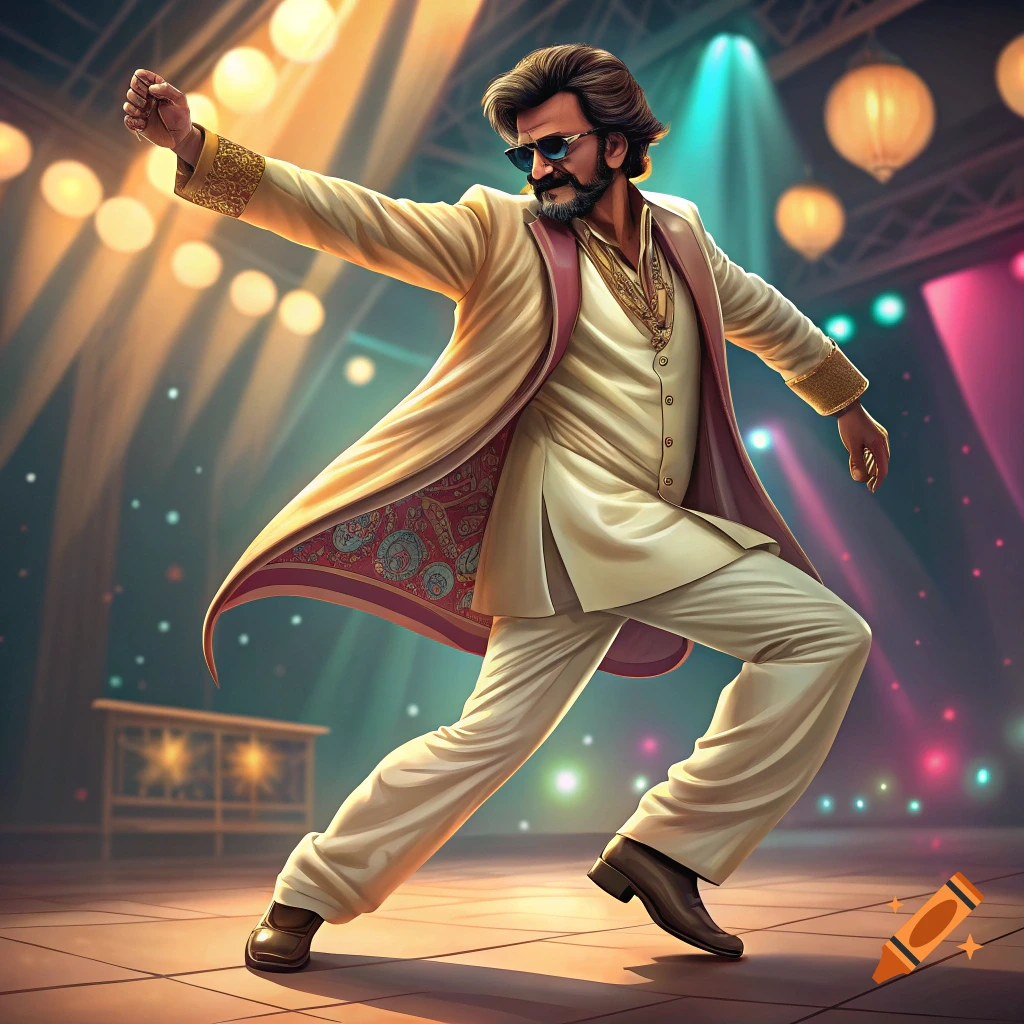 Man resembling Rajinikanth dances on stage in white suit under disco lights.