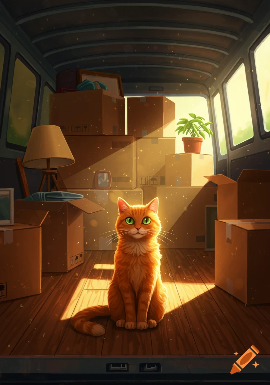 An orange cat sits among moving boxes inside a sunlit moving van, digital illustration.