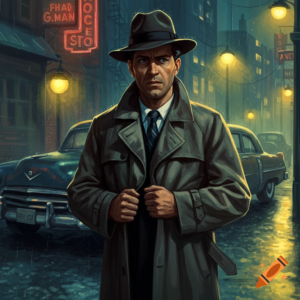 A man in a fedora and trench coat stands in a rainy city street at night, with classic cars and neon signs.