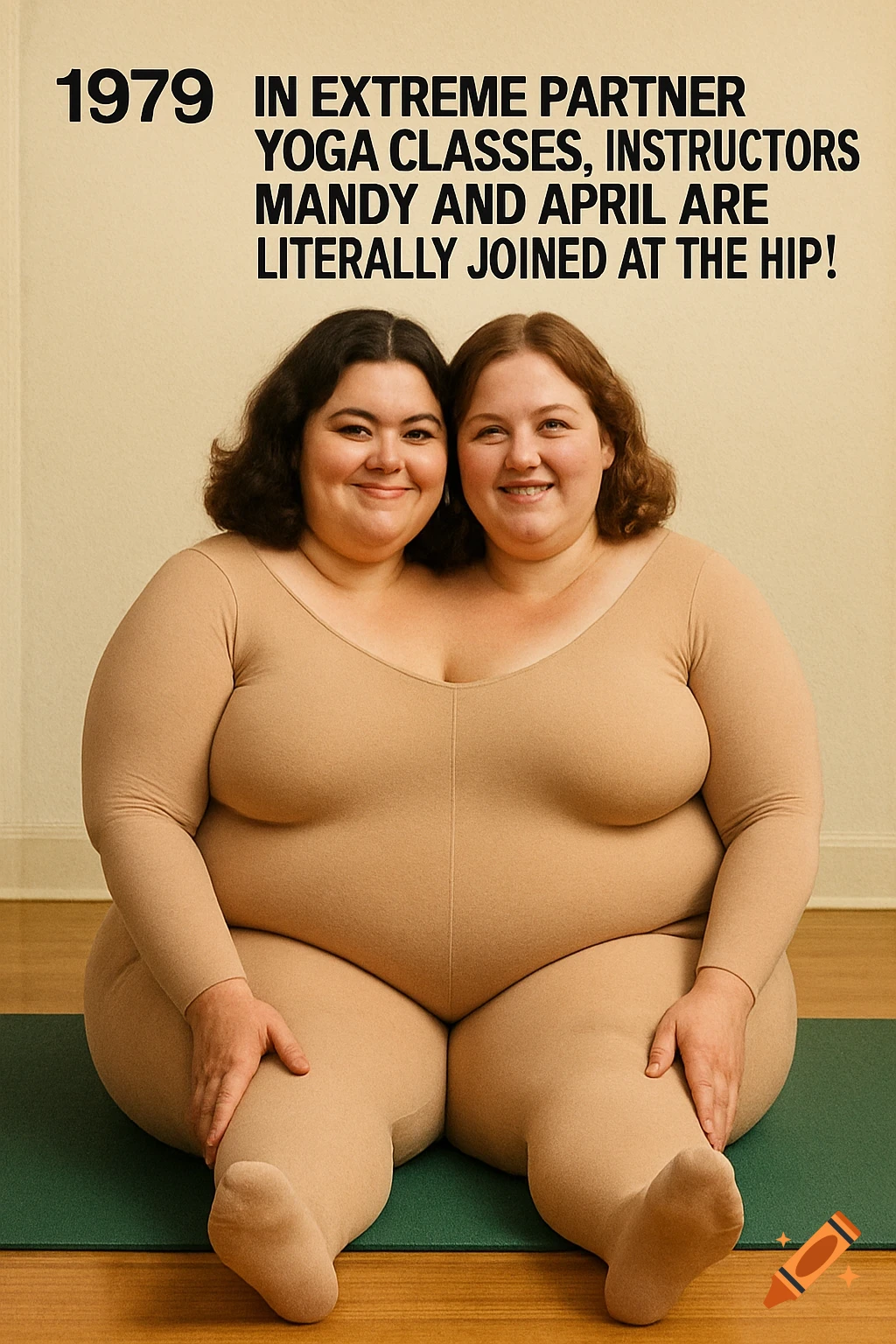 Two women appear merged into one body in a yoga pose, with text '1979 In extreme partner yoga classes...' above.