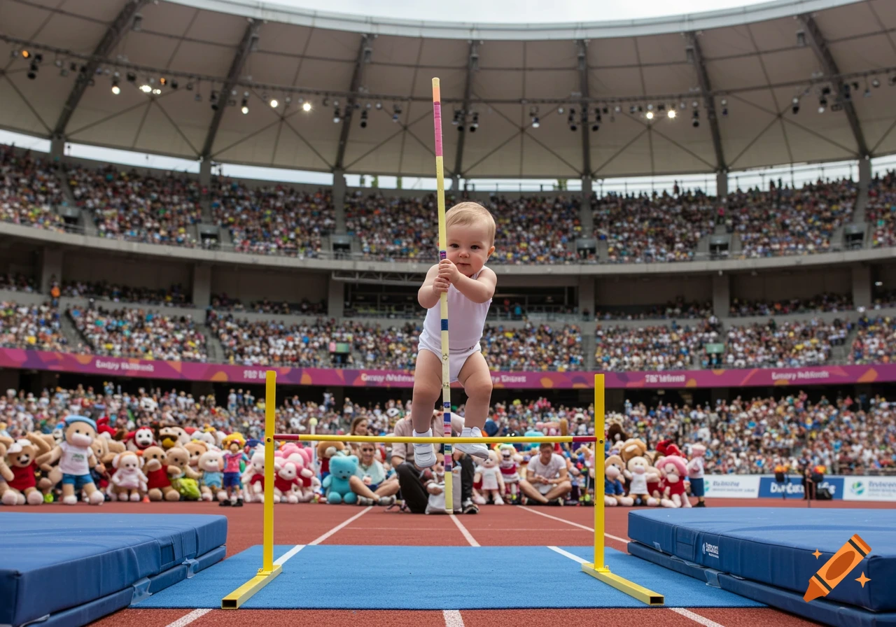 A photorealistic image of a baby pole vaulting over a bar in a stadium packed with spectators and stuffed animals.