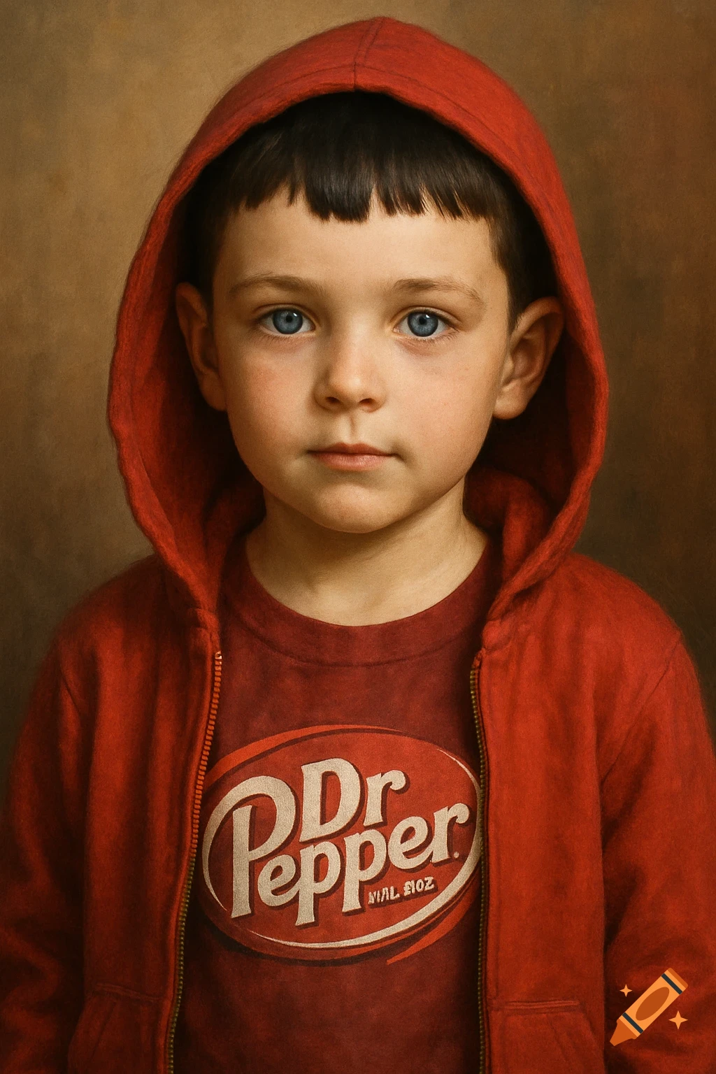 A young boy wearing a red hooded jacket over a Dr. Pepper t-shirt looks at the viewer.