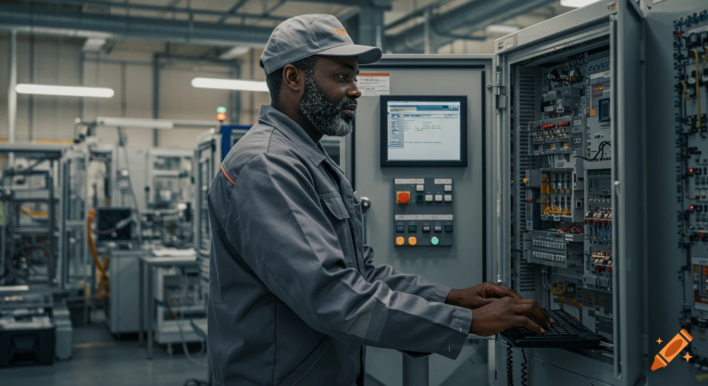Black male technician working on a control panel in a factory, photorealistic style.