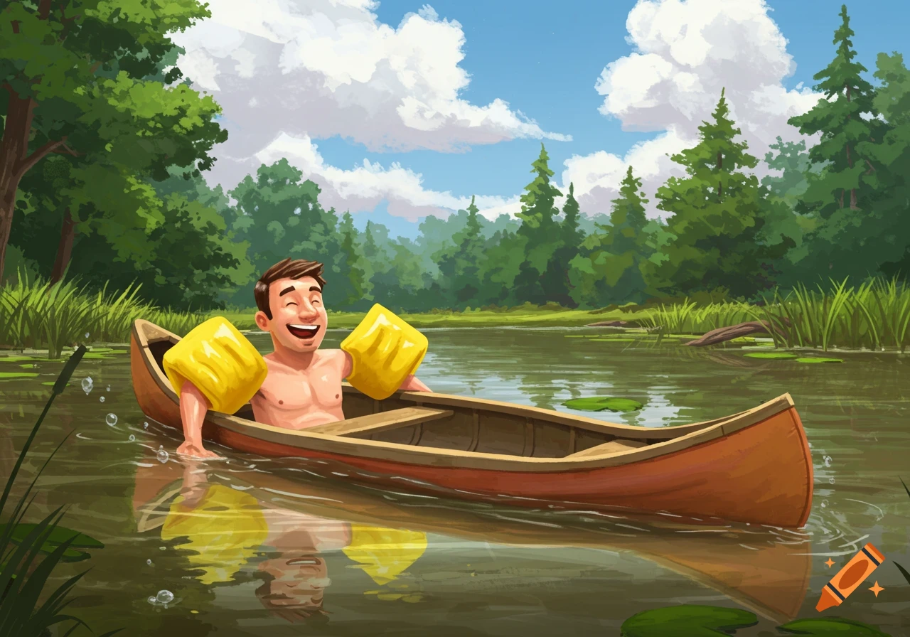 Smiling man with yellow floaties in a partially submerged canoe on a lake, illustration style
