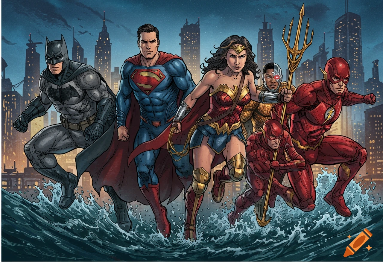 Comic illustration of Batman, Superman, Wonder Woman, Cyborg, Aquaman, and the Flash running through water.