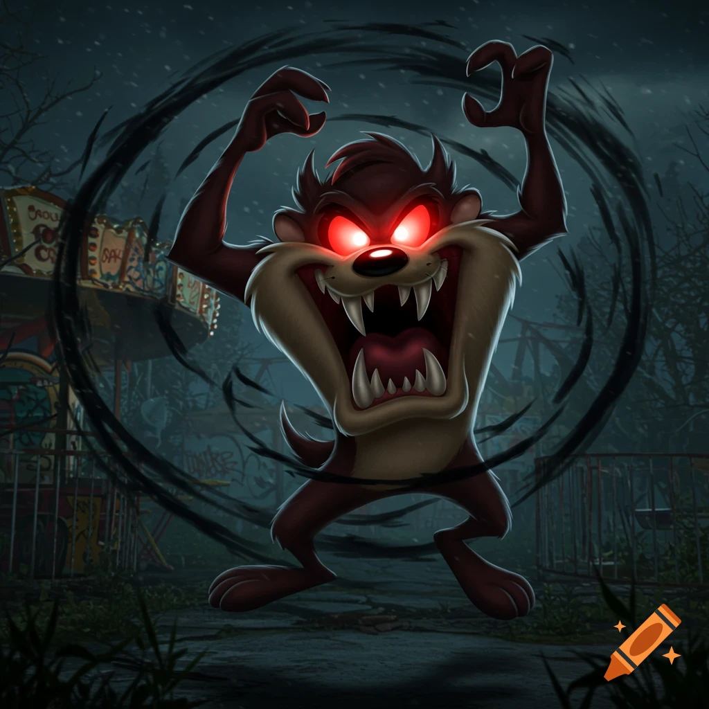 Dark, scary cartoon character Taz in a spooky amusement park