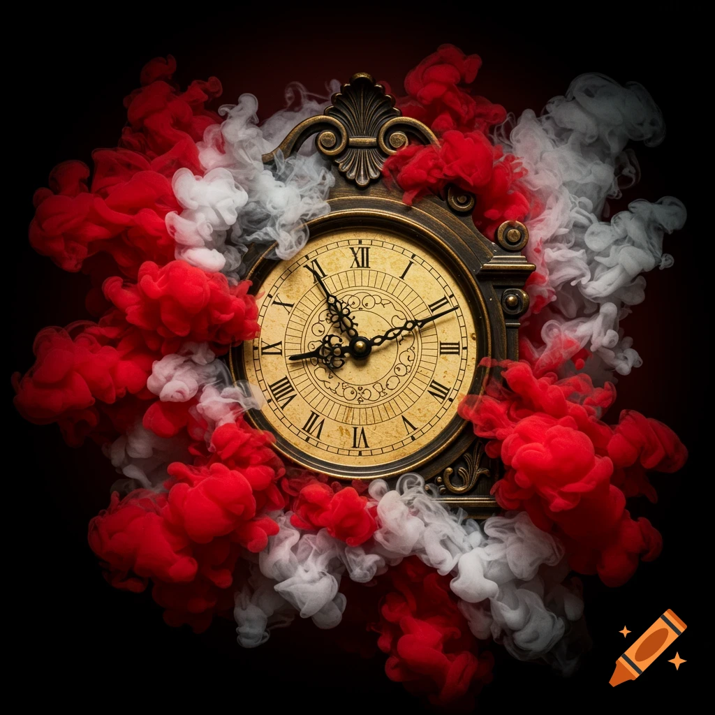 A vintage clock surrounded by swirling red and white smoke on a dark background.