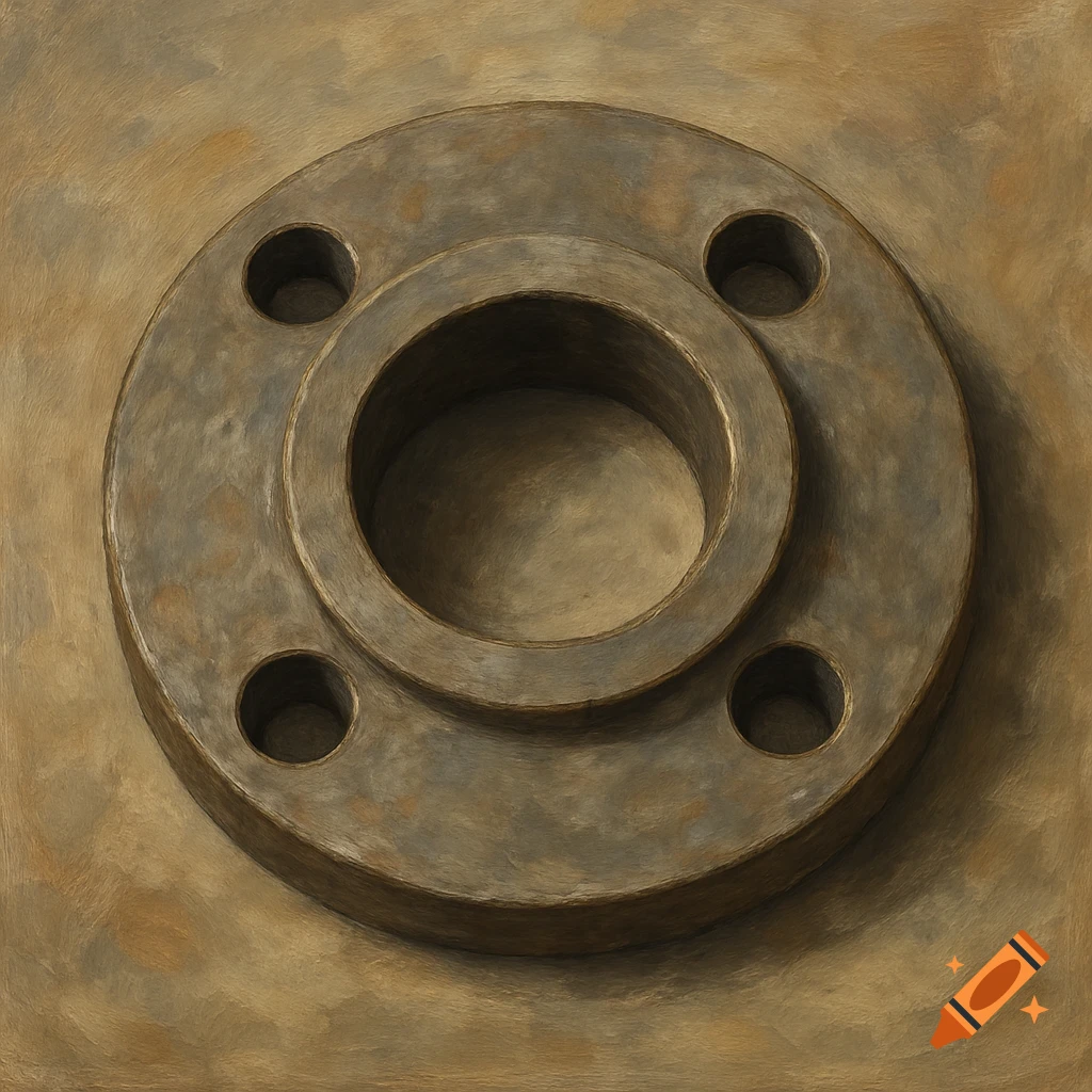 A still-life painting of a rusty metal flange with four bolt holes.