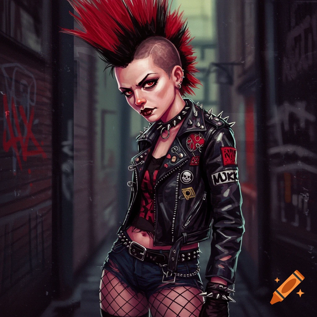 Portrait of a punk woman with red mohawk, black leather jacket, and ...