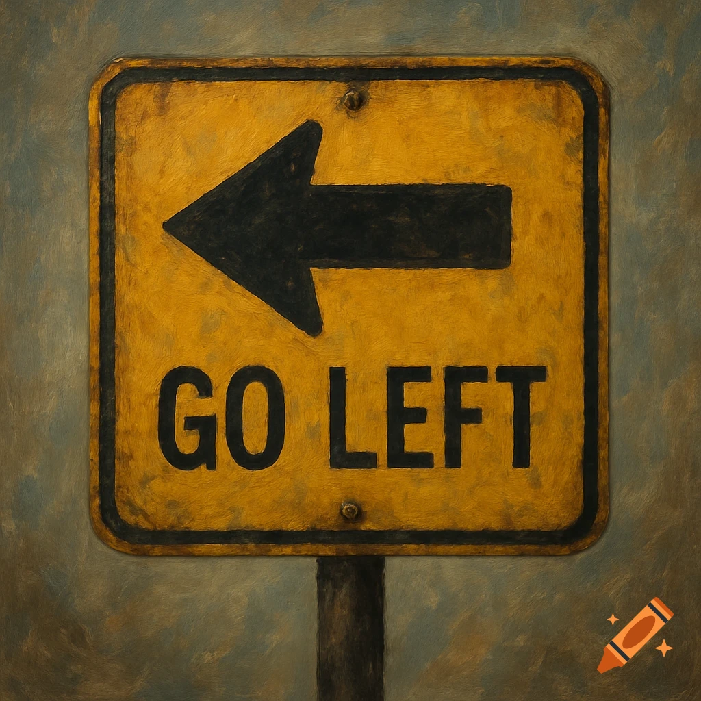 Yellow GO LEFT sign with a black arrow pointing left, rendered in a painterly style.