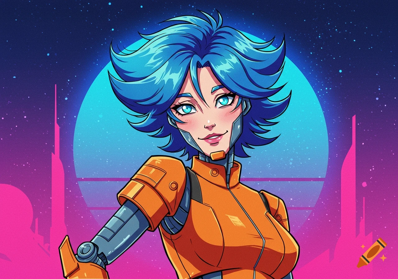 Anime-style cyborg woman with blue hair in orange suit against a synthwave space background.