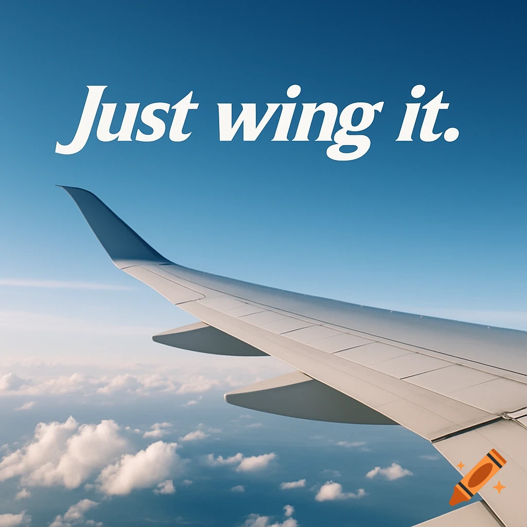 An airplane wing against a blue sky with clouds and the text 'Just wing it'.