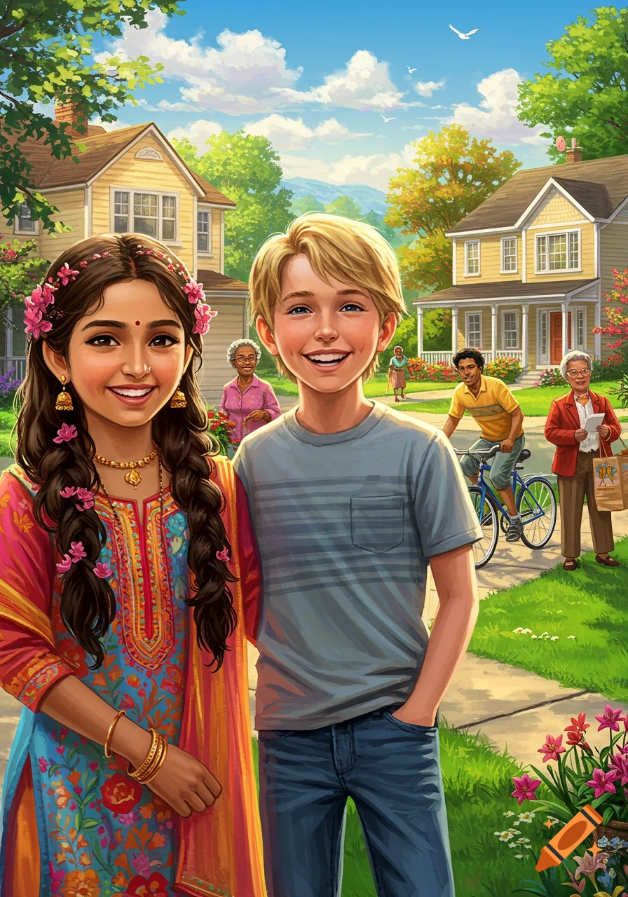 Illustration of a diverse group of people, including an Indian girl and an American boy, smiling in a sunny suburban neighborhood.